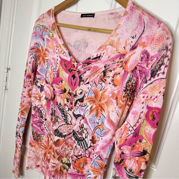 Y2K Just Woman Pink Multicolor Bird Floral Printed Beaded Long Sleeve Blouse - Picture 2 of 8